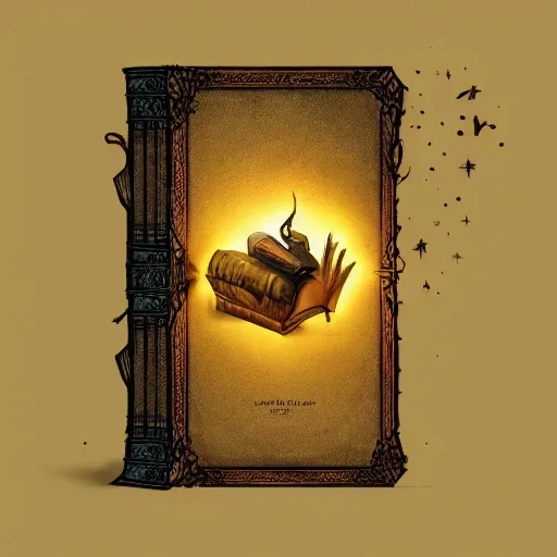 Image similar to light falling on a mythical book in dark background, dark color scheme, artstation