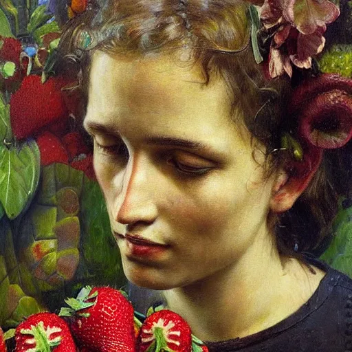 Image similar to a sculpture portrait made of kiwi and strawberries and flowers and plants, painting part by wojciech siudmak, part by ilya repin, part by max ernst, part by norman rockwell, artstation