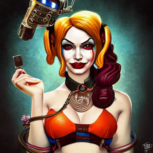 Image similar to bioshock steampunk portrait of harley quinn in bikini, Pixar style, by Tristan Eaton Stanley Artgerm and Tom Bagshaw.