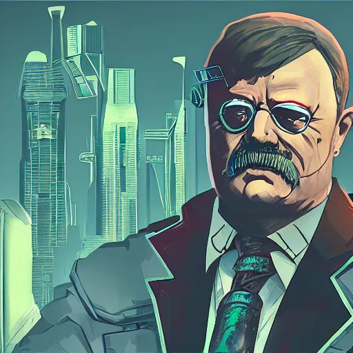Prompt: cyberpunk theodore roosevelt as the leader of a futuristic communist nation, cybernetics, sharp lines, digital, artstation, colored in