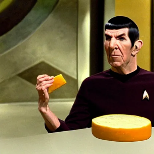 Image similar to spock eating a large wheel of cheese,