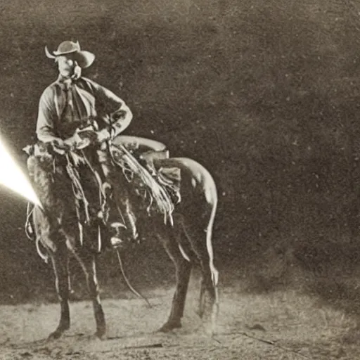 Prompt: cowboy on horseback firing a laser from his revolver, old photo,