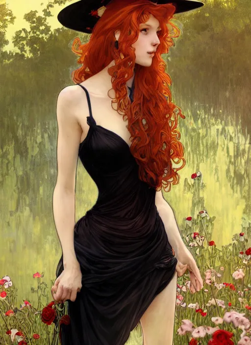 Prompt: a highly detailed illustration of tall beautiful red haired lady wearing black spaghetti strap dress and sun hat, elegant pose, perfect face, perfect body, perfect eyes, by alphonse mucha, intricate, elegant, highly detailed, centered, digital painting, artstation, concept art, smooth, sharp focus, league of legends concept art, wlop.