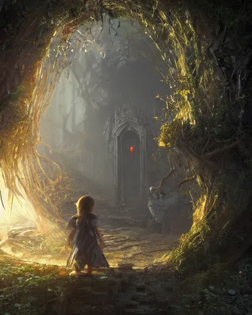 Image similar to a child looking at a portal in the hidden garden, scare, environment art, fantasy art, landscape art, in the style of greg rutkowski, illustration, epic, fantasy, intricate, hyper detailed, artstation, concept art, smooth, sharp focus, ray tracing