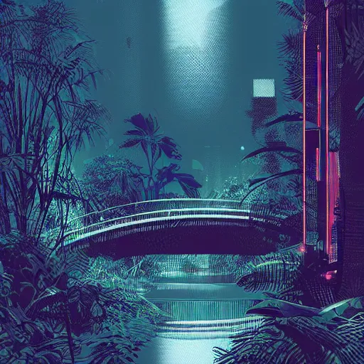 Image similar to a river flowing through the jungle at night, digital art, cyberpunk, cga graphics scheme