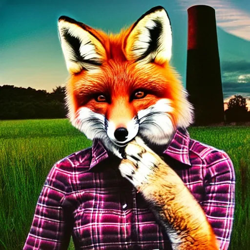 Image similar to a female fluffy anthropomorphic fox animal, head of fox, wearing cowboy hat, wearing plaid shirt, playing guitar, in a field, barn in background, album cover style