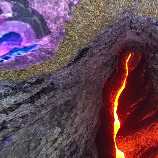 Prompt: ultra high definition 8 k footage david attenbrough nature documentry lava flow descending into a vast underground cave full of stalagmites stalagtites giant amethyst opal crystals