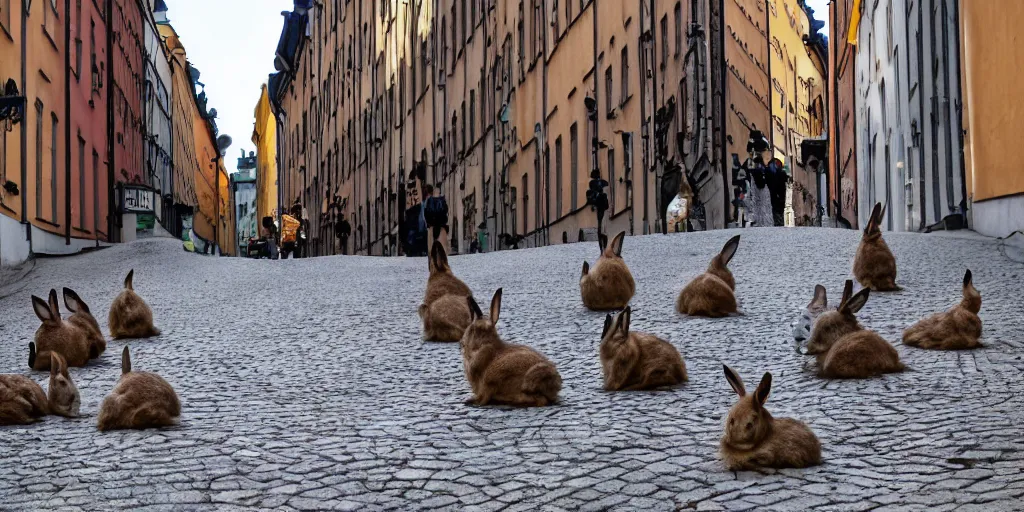 Prompt: a street in stockholm full of rabbits