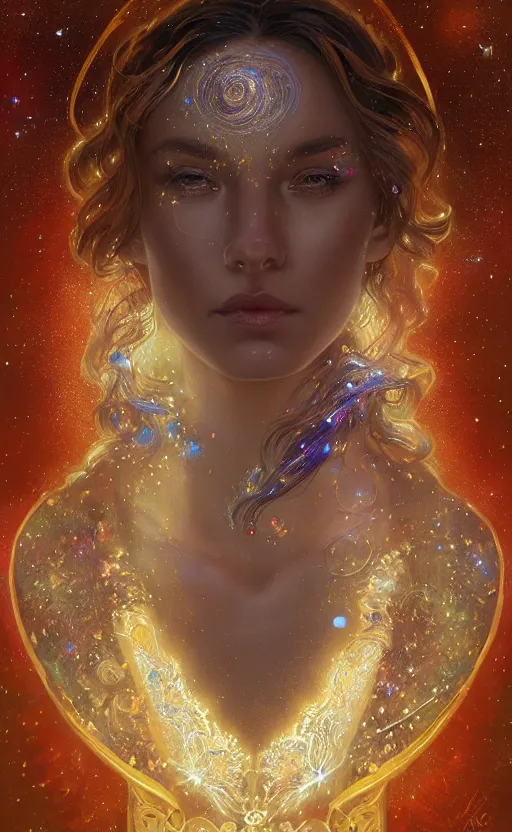 Image similar to portrait of a cosmic goddess, suit made out of stars and galaxies and cosmic energy, intricate, headshot, highly detailed, digital painting, artstation, concept art, sharp focus, cinematic lighting, illustration, art by artgerm and greg rutkowski, alphonse mucha, cgsociety