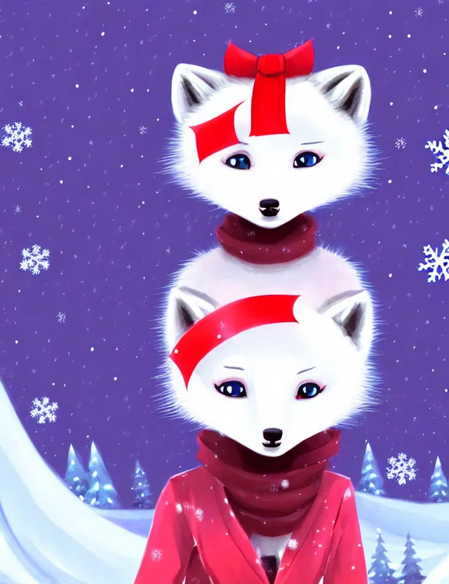 Prompt: a cute anthropomorphic arctic fox girl anthro wearing red ribbons, winter park background, very anime!!! kawaii!! furry!! intricate details, aesthetically complementary colors, scenic background, art by rising artists with a radically new style. trending on artstation, top rated on pixiv and furaffinity