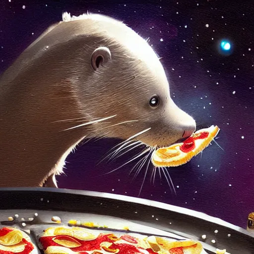 Image similar to an otter astronaut eating pizza in space,digital art,art by greg rutkowski