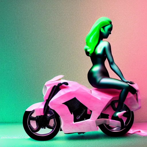Prompt: pink marble sculpture of a woman on a motorcycle, dynamic pose, green neon background, realistic, dslr photograph, octane render
