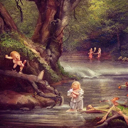 Image similar to medieval childs playing in a river, artwork, fantasy, nature, forest