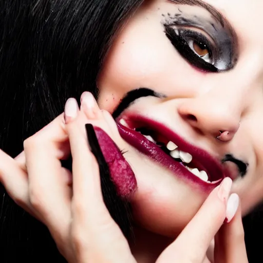 Image similar to a close up of a vampire girl getting ready to feed on her victim