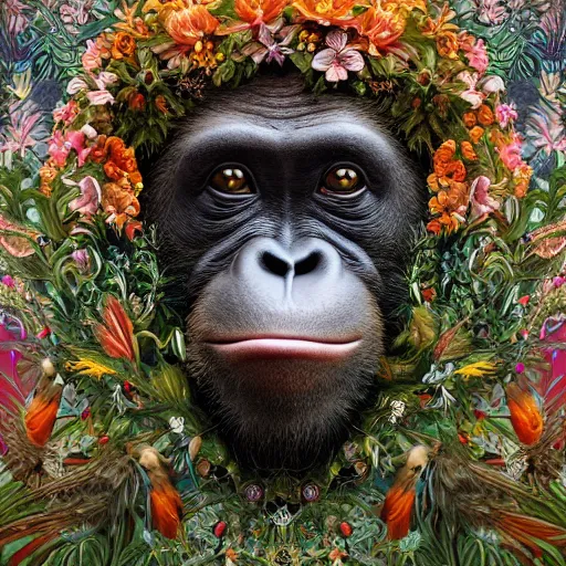 Image similar to portrait of an orang - utan surrounded by hummingbirds and fine floral ornaments, eye - level medium - angle shot, intricate, floral background, by esao andrews, by m. w. kaluta, by yoshita amano, intricate, symmetrical, natural lighting, smooth, 3 d octane render, depth perception, 4 k,, artstation