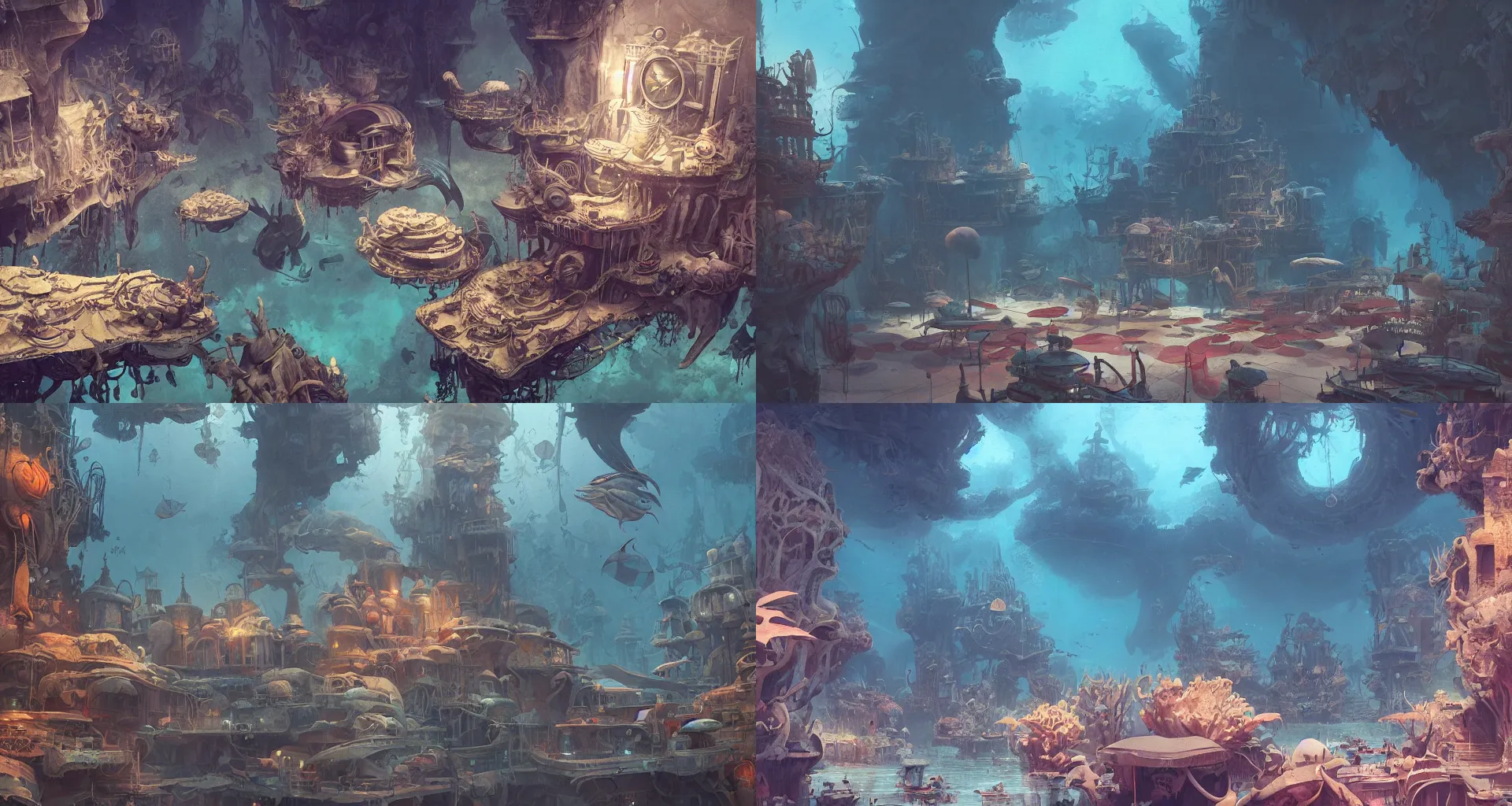 Prompt: a beautiful detailed matte painting of underwater museum by alejandro burdisio, by greg tocchini, by james gilleard, by joe gb fenton, by kaethe butcher, dynamic lighting, vibrant, clean, grunge aesthetic, octane render, artstation