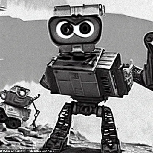 Prompt: wall-e in ww2 hiding, there are grenade explosions in the background