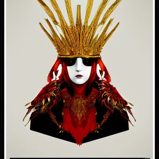 Image similar to portrait of a red king, sharp focus, black hair, full body, highly detailed, intricate, masked, white, regal clothing, gold ethereal light, high fantasy, pop art style