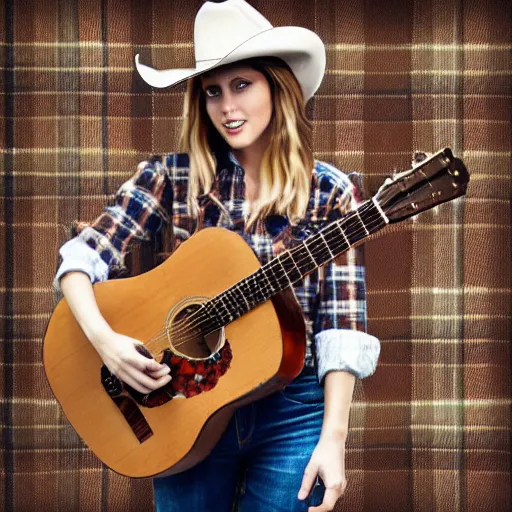 Image similar to a female fox animal, wearing cowboy hat, wearing plaid shirt, playing guitar, inside a barn, album cover style