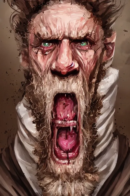 Image similar to A deranged filthy man looking like Wille. Dafoe wearing long dark damaged ripped robes showing a spell scroll, camera looking down upon, long fingernails, unclipped fingernails, sharp fingernails, focus on face, sharp focus, digital painting, trending on artstation, concept art, fantasy, medieval, D&D