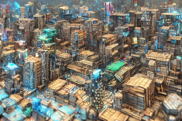 Image similar to a cyberpunk city made of cardboard from kindzadza, Trending on artstation.