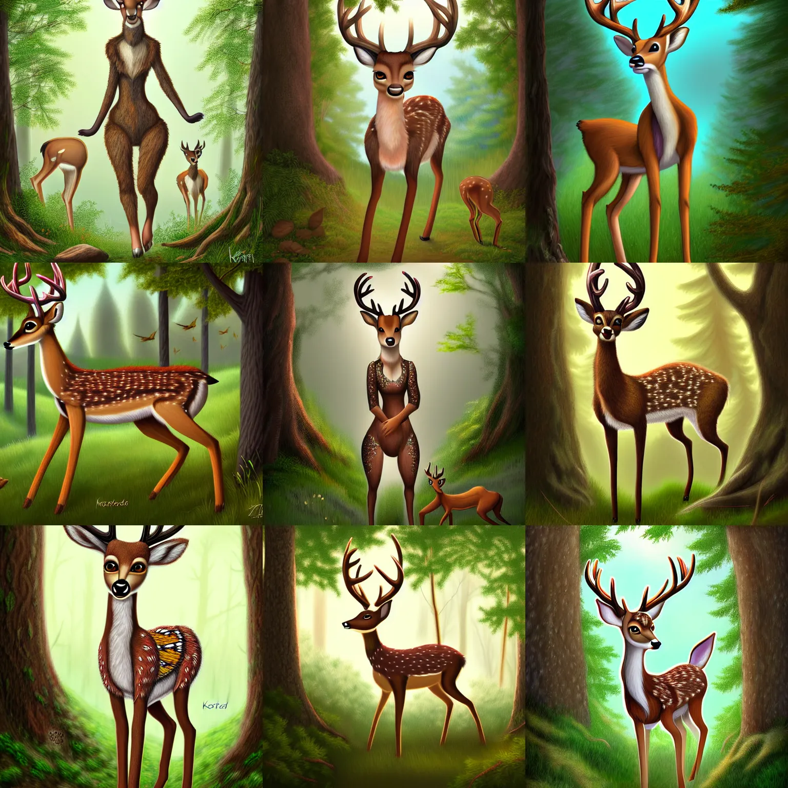 Prompt: digital painting. anthropomorphic female deer fursona, doe fursona, frolicking in the woods, by katiehofgard. intricate, highly detailed background. 4 k. trending on artstation.