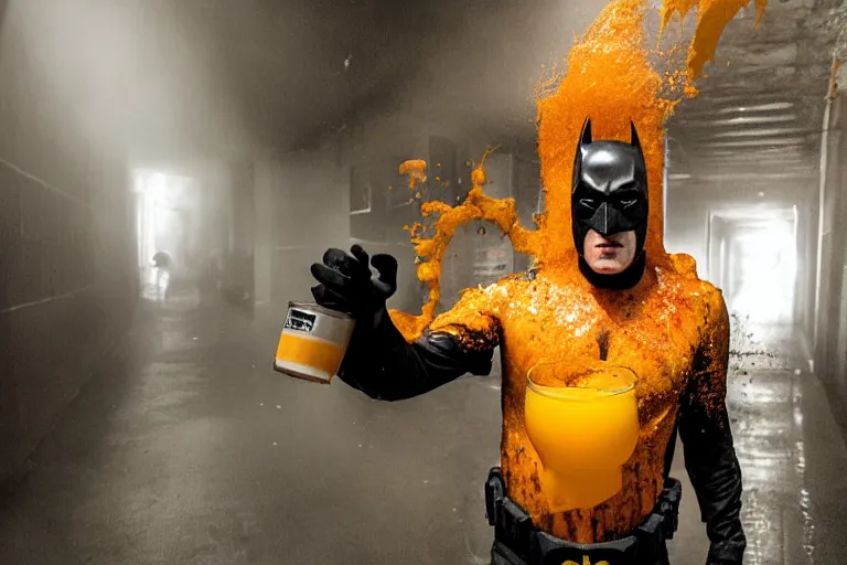 Prompt: batman covered in lots of orange juice offering free beer, chasing through old brown decrepit hallway, creepy smile, atmospheric eerie lighting, dim lighting, bodycam footage, motion blur, blurry photography