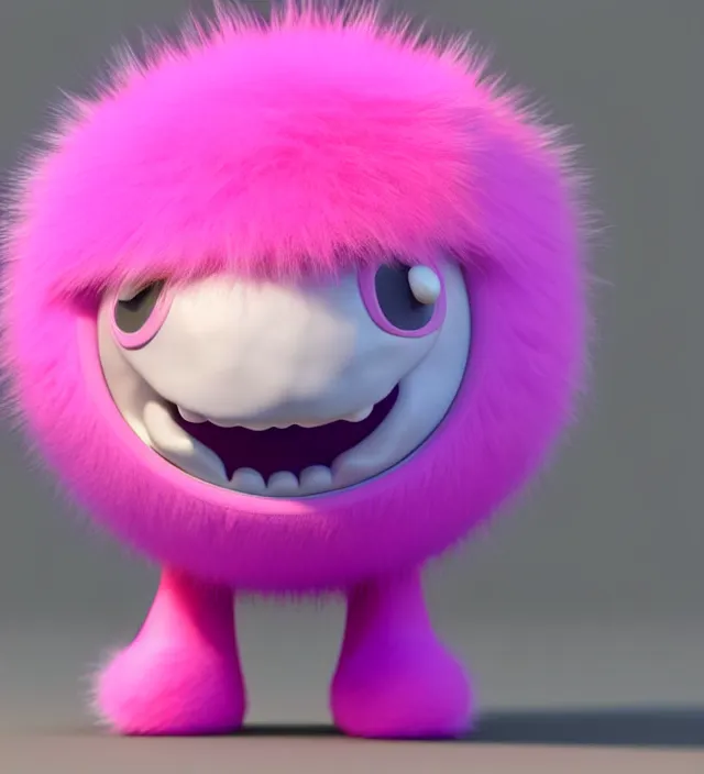 Image similar to high quality 3 d render hyperrealistic very cute big pink little spherical creature with big happy mouth an tooth, plush mascot, short spiky dense fluffy smooth hair, isometric 3 d, pink fluffy fur, 1 5 0 mm, beautiful natural soft light, rim light, smooth background, artstation, ultra detailed, elegant, ultra detailed, metallic armor, octane render