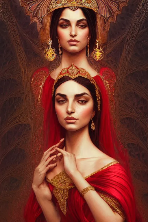 Image similar to Beautiful portrait of a Persian Princess who is an architect, beautiful princess, face painting, architecture, persian style architecture, dramatic lighting, intricate, wild, highly detailed, digital painting, artstation, concept art, smooth, sharp focus, illustration, black+velvet+red, art by artgerm and greg rutkowski and alphonse mucha, footage from space camera