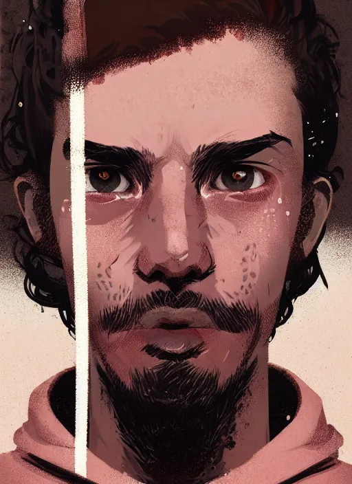 Image similar to highly detailed portrait of a sewer punk guy worker, thirties, black hair, brown eyes, small mustache, tartan hoody, short curly hair by atey ghailan, by greg rutkowski, by greg tocchini, by james gilleard, by joe fenton, by kaethe butcher, gradient pink, brown, light blue and white color scheme,