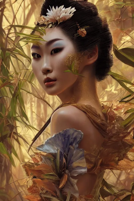 Prompt: stunningly beautiful, geisha prima ballerina in jungle, symmetrical face, golden hour, smooth, focus, highly detailed, hyper realistic, dramatic lighting, elegant, intricate, concept art, art by wlop, mars ravelo, greg rutowski, artstation