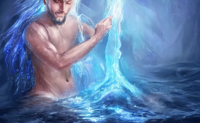 Image similar to Young and beautiful Poseidon emerging from water with blue magic, lumine, light particles, digital painting, realistic,4k, trending in Art Station