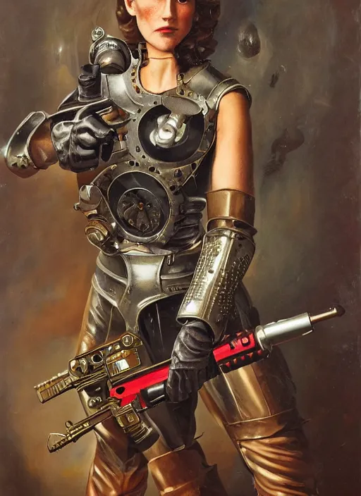 Image similar to a woman in leather armor holding a raygun blaster, vintage Raypunk painting, life like, intricate detail, 4K HD