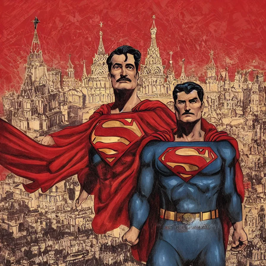 Image similar to epic comic book cover of stalin as superman floating over the red square ( moscow ), soviet propaganda poster, socialist realism, aesthetically pleasing, finely detailed facial features, photorealistic, intricate digital art, trending artstation, artgem, rich moody colors, fan art, concept art, in the style of the red son and invincible