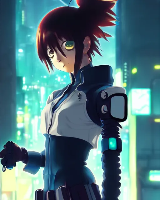 Image similar to portrait of anime girl in mechanic armor in night tokyo by makoto sinkai, my hero academia,cyberpunk, greg rutkowski, perfect face, fine details