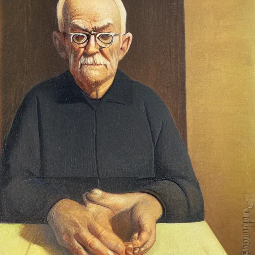 Image similar to detailing character portrait painting of old man by Grant Wood, on simple background, painting, middle close up composition