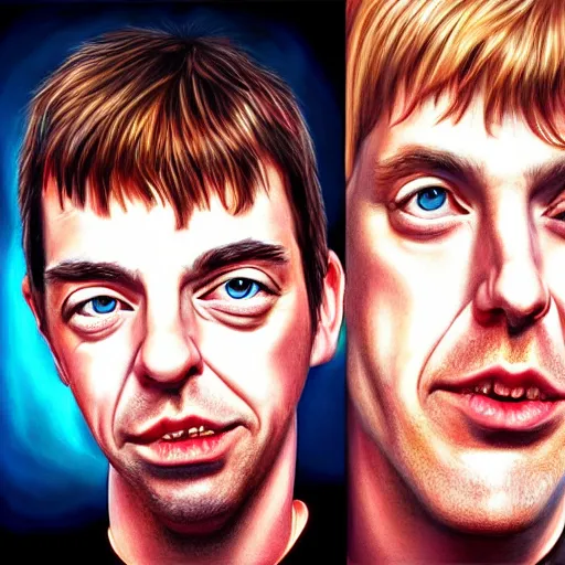 Image similar to Caricature portraits done of the band Blur, realistic, hyperrealistic, very realistic, highly detailed, very detailed, extremely detailed, detailed, oil painting, digital art, trending on artstation