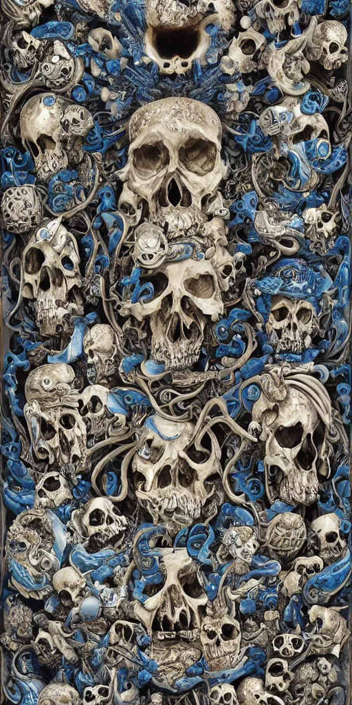 Image similar to infinite fractal complexity, skulls, smurf, sycamore, porcelain, 8k, intricate insane detail, 8k, style of Salvador dali