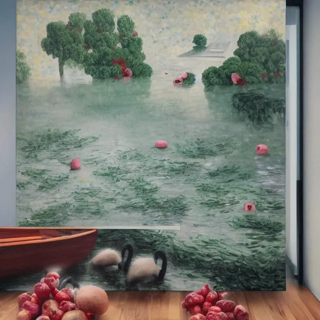 Image similar to painting of flood waters inside an apartment, tall female emo art student, a river flooding indoors, tangelos, zen, pigs, ikebana, water, river, rapids, waterfall, black swans, canoe, pomegranate, berries dripping, acrylic on canvas, surrealist, by magritte and monet