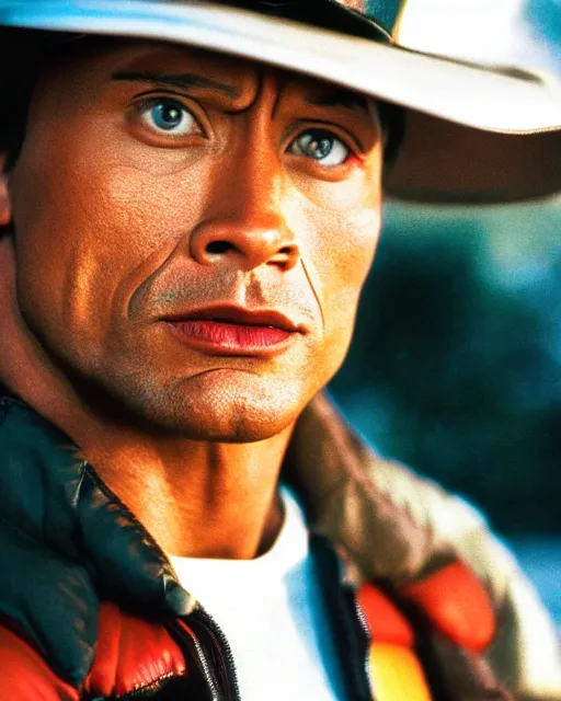 Image similar to film still close up shot of dwayne johnson as marty mcfly from the movie back to the future. photographic, photography