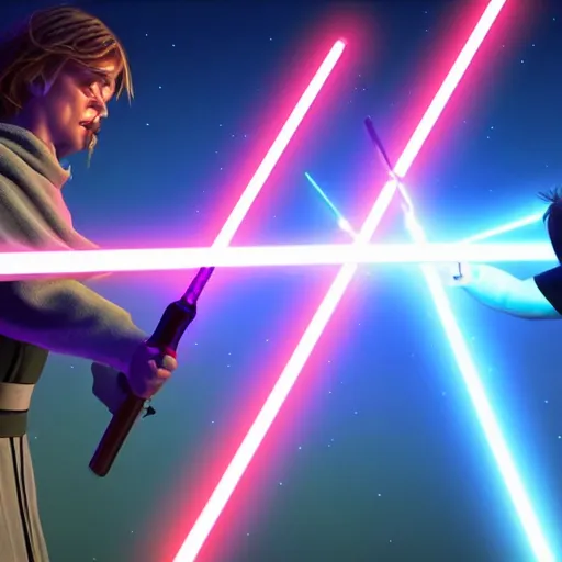 Prompt: Jedi duelling, 4k, cinematic, realistic, vaporwave