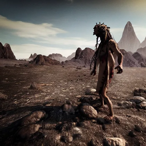 Image similar to photo of a prehistoric shaman walking in amazement on an alien planet