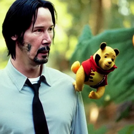 Image similar to A still of Keanu Reeves as Winnie the Pooh