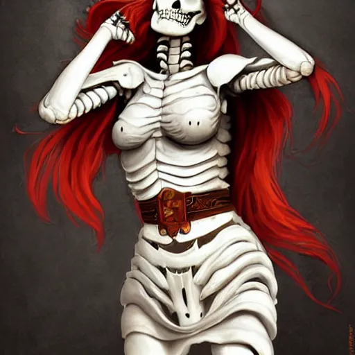 Image similar to cute & beautiful smug smiling undead skeleton girl with very attractive face and red hair dressed as a roman warrior, elegant, digital art, fullbody painting, fantasy, pixar style, painting, pin up, highly detailed, artstation, art by artgerm, vrubel, greg rutkowski, ilya kuvshinov, raymond swanland