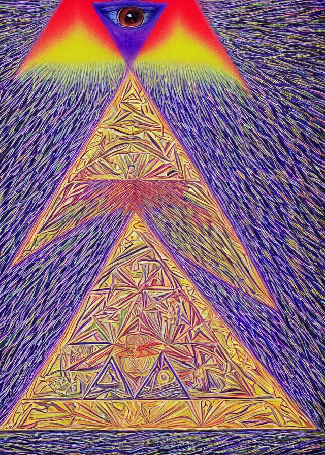 Image similar to pyramid with an eye in the middle, painting by alex grey
