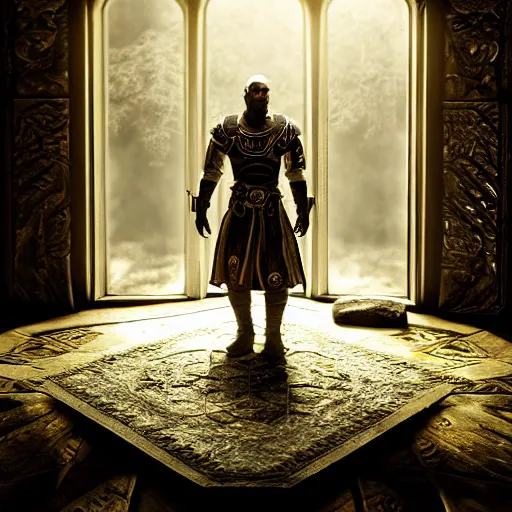 Image similar to the elder scrolls vi majestic gracious jarl portrait, rustic throne room, painted, dark room, one point of light coming through the window, atmospheric lighting, painted, intricate, volumetric lighting, beautiful, golden hour, sharp focus, ultra detailed, by mark kent, jordan lamarre - wan, igor kieryluk, maxim verehin, miranda meeks