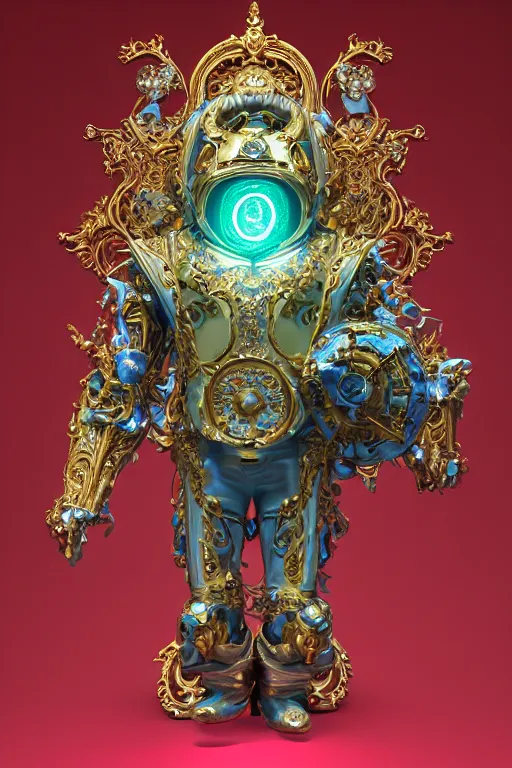 Image similar to full-body baroque and space age style sculpture of a young handsome Spanish android prince with a chest exposing a large glowing blue diamond, glowing yellow laser eyes, crown of white gears and diamonds, swirling green-colored silk fabric, baroque elements. full-length view. intricate artwork by caravaggio. Trending on artstation, octane render, cinematic lighting from the right, hyper realism, octane render, 8k, depth of field, 3D