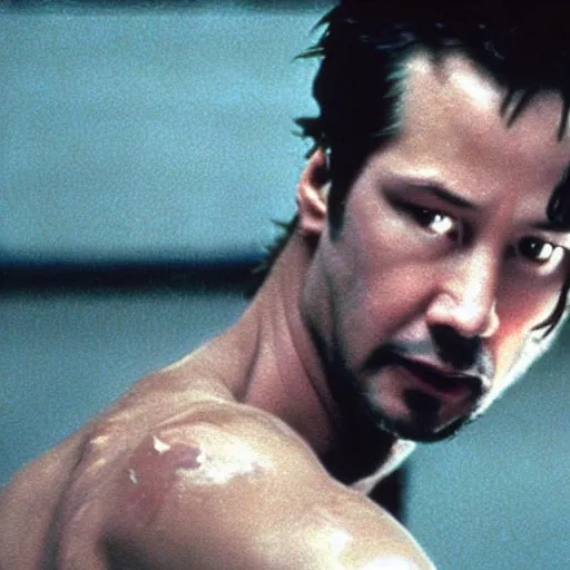 Image similar to “Keanu Reeves in fight club movie, Extremely detailed. 8k, vas, old movie”