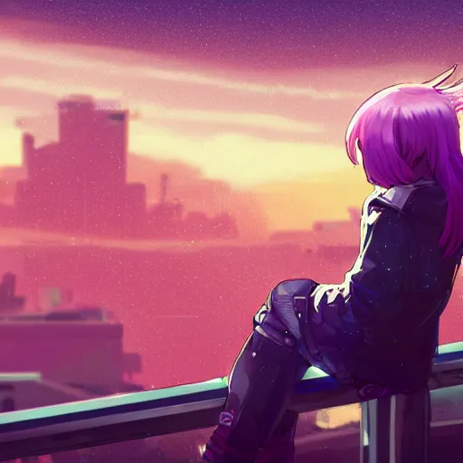 Prompt: android mechanical cyborg anime girl child overlooking overcrowded urban dystopia sitting. Pastel pink clouds baby blue sky. Gigantic future city. Raining. Makoto Shinkai. Wide angle. Distant shot. Purple sunset. Sunset ocean reflection. Pink hair. Pink and white hoodie. Cyberpunk. featured on artstation. robotic wired knee pivot. white sweater. horizon.