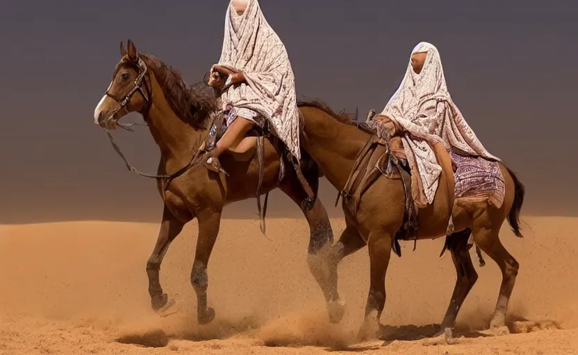 Image similar to beautiful burqa's woman, riding a horse!!! in saharan, sharp eyes, perfect dynamic posture, dust, cinematic, perfect dynamic pose, pinterest,, very perfect position, award winning photo by national geographic